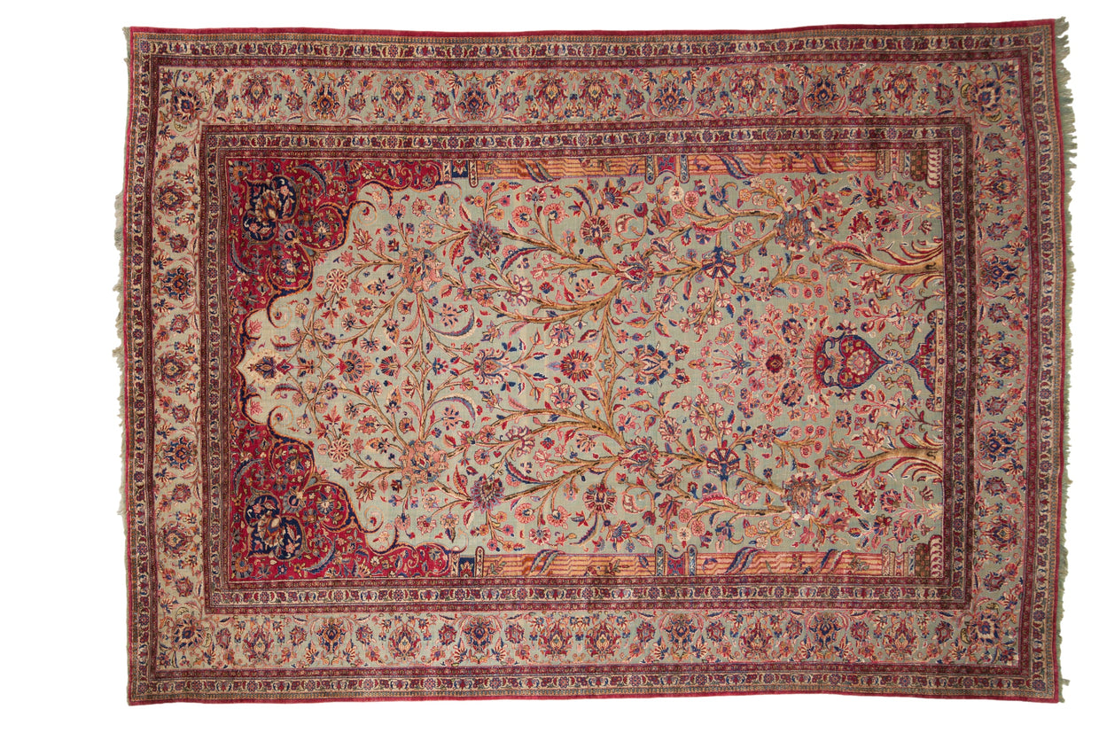 Antique Silk Souf Kashan carpet, rare jade green Tree of Life design, cochineal red borders.