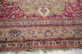 Antique Qajar era Souf Kashan silk rug: jade ground, raised cochineal palmettes, sapphire vines, detailed border, fringe.
