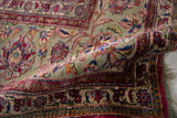 Antique Silk Souf Kashan rug detail: intricate floral border and original plain weave.