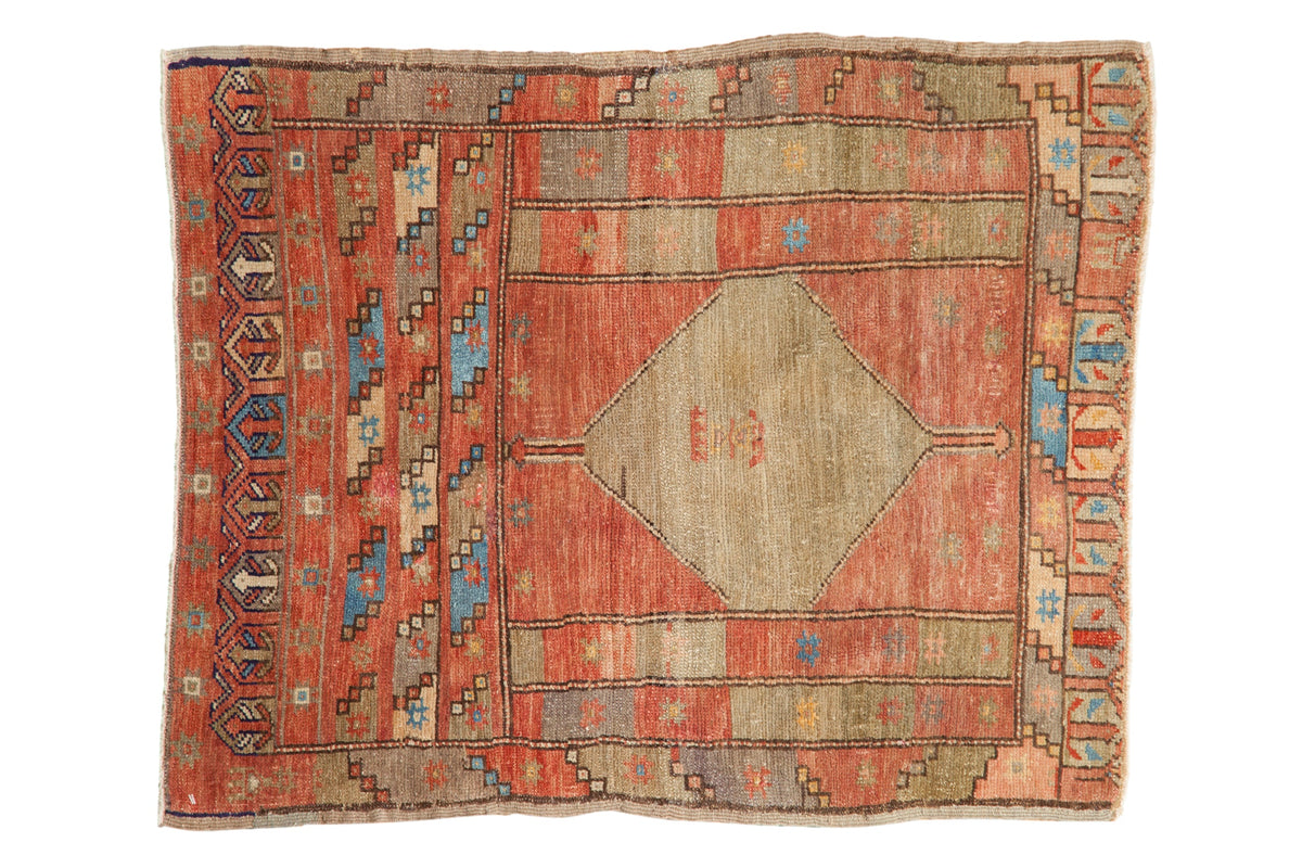 Distressed Oushak square rug, soft wool, terra cotta, beige, sky blue geometric medallion.