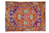Vibrant distressed Oushak rug with central quatrefoil medallion, rust, violet, and mint hues. 2'10