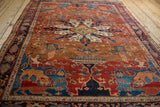 Lengthwise perspective of a rare Farahan Sarouk rug, featuring pictorial lions and a graphic central medallion.