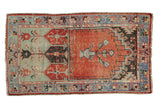 Distressed Oushak rug with faded brick red, seafoam green, blue prayer panel. 2'7