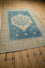 Distressed pile texture, secure fringe, and blue dotted beige border detail.