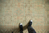Worn texture and geometric shield motifs in seafoam green and terracotta on a distressed vintage Sparta carpet.