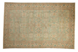 Vintage distressed Sparta carpet with an allover geometric shield medallion pattern in sea foam green, ivory, and sandalwood.