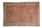 Distressed vintage Oushak rug with blush field, interconnected botehs, and subtle patterned borders. 3'11