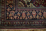 Detailed corner spandrel and scrolling vine borders of an antique Persian Isfahan rug.
