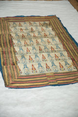 An 18th-century Persian velvet textile laid flat, showing its repeating blue figures and striped border.