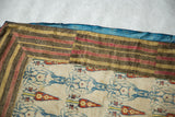 The mitered, striped border and blue fabric backing of an antique Persian velvet textile.