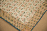 17th century Persian brocade textile's finely patterned border, soft floral field, and blue edge.
