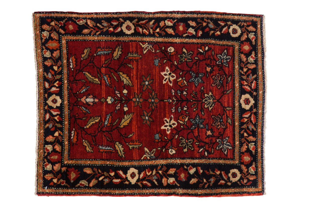 Antique Farahan Sarouk rug with a tree of life motif, abrashed red field, and dark navy floral border.