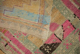 Detail of the vintage Kars rug's hand-knotted foundation weave and colorful low pile.