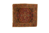 Vintage Farahan Sarouk square rug mat featuring perched birds and a central floral design in blush and teal.