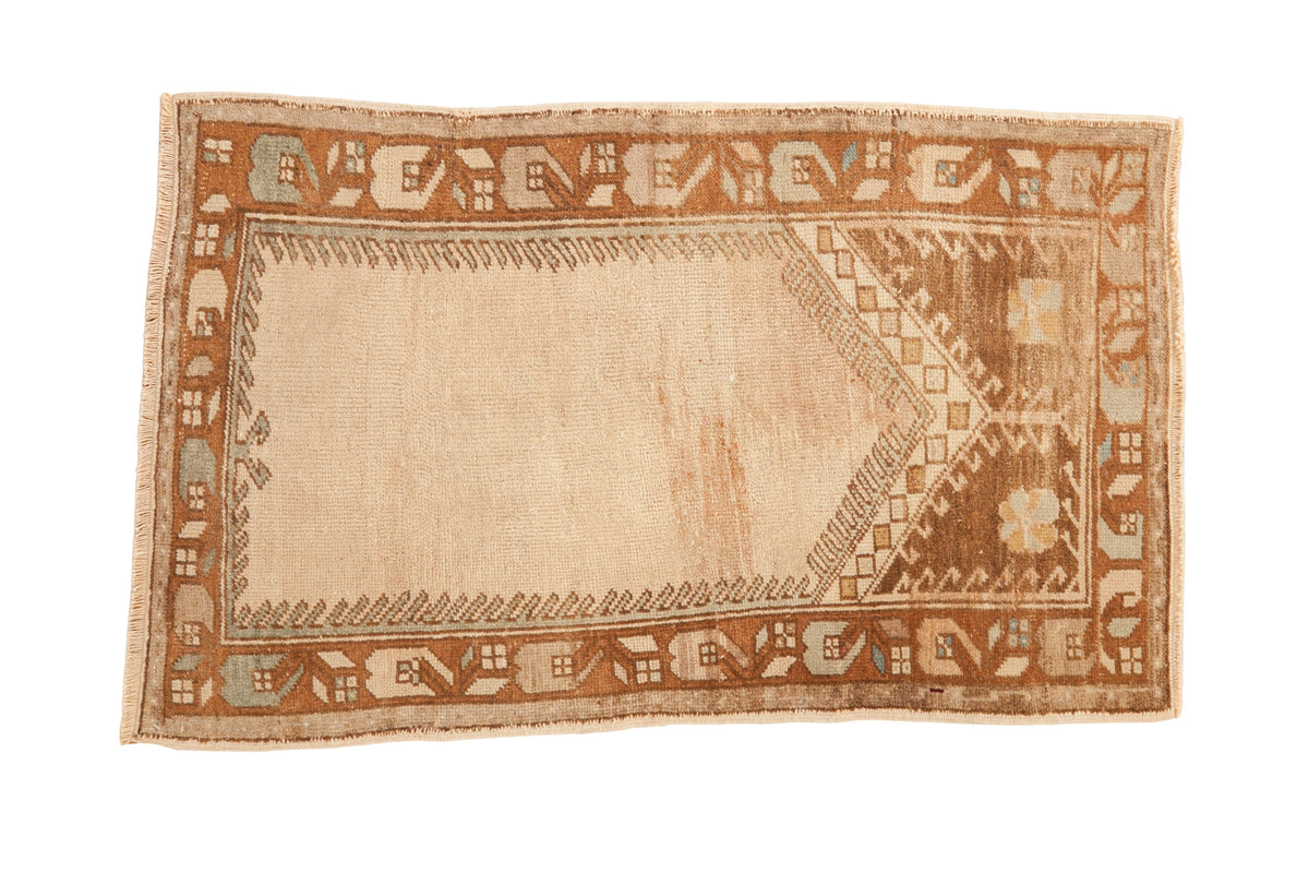 Vintage distressed Oushak rug with a unidirectional prayer design in coffee brown and seafoam green.