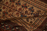 Detailed view of the pliable hand and geometric patterns of an antique Persian Belouch rug.