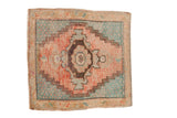 Distressed Oushak square rug with faded melon and denim blue medallion, 2'5