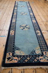 Perspective view of a vintage Peking runner, showing its full length and triple roundel medallions.