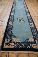 A lengthwise view of a sky blue Chinese Peking runner showing its repeating roundel medallions.