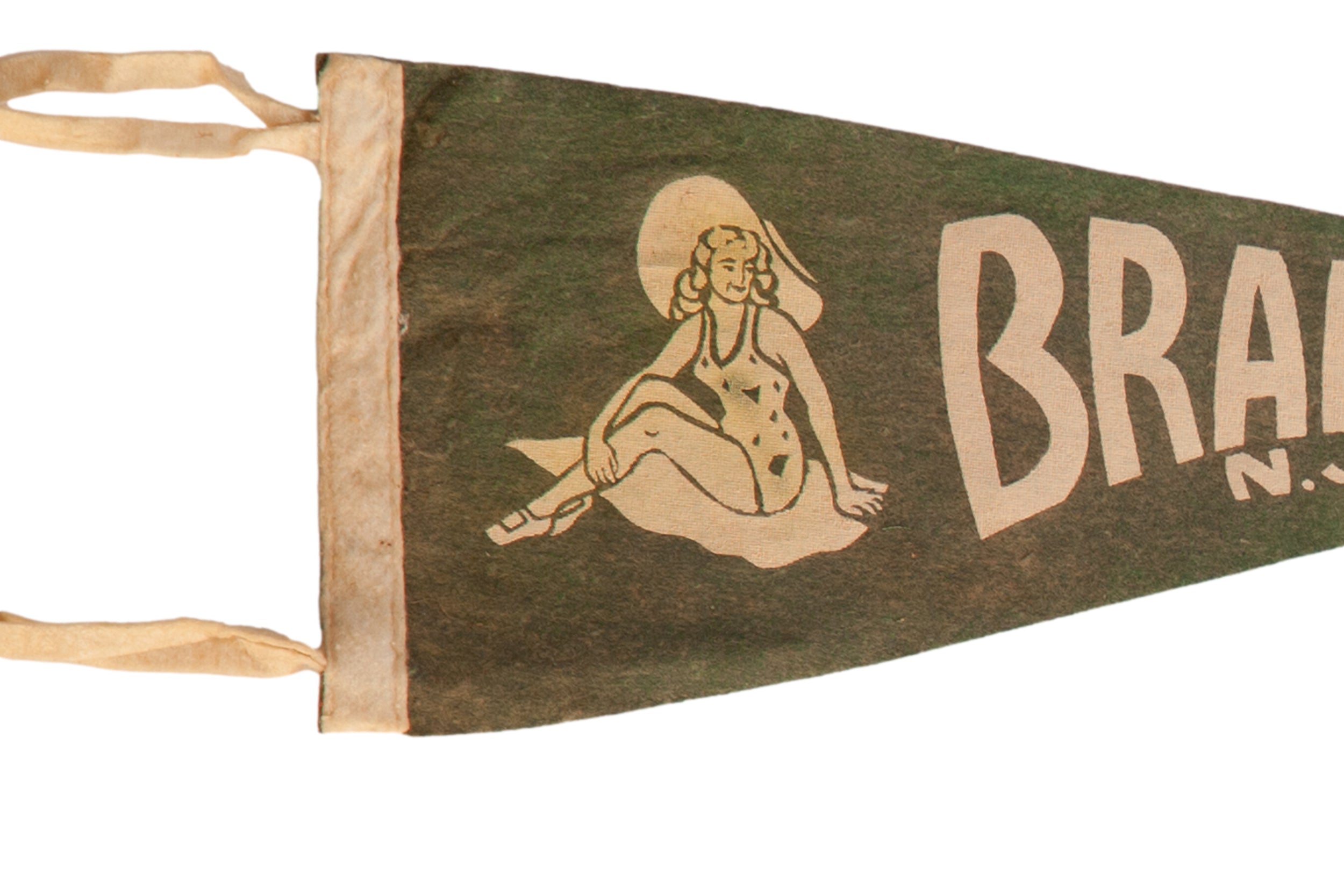 Illustration of a woman in a sun hat on the green felt of a vintage Bradley Beach pennant.