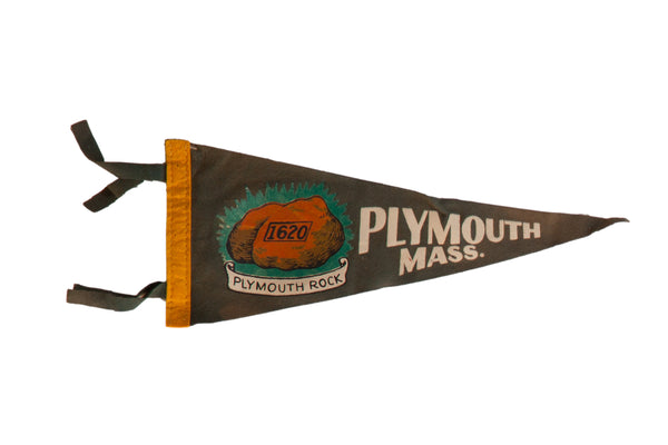 Vintage Plymouth Rock souvenir felt pennant in dusty dark green with a yellow hoist and orange rock graphic.