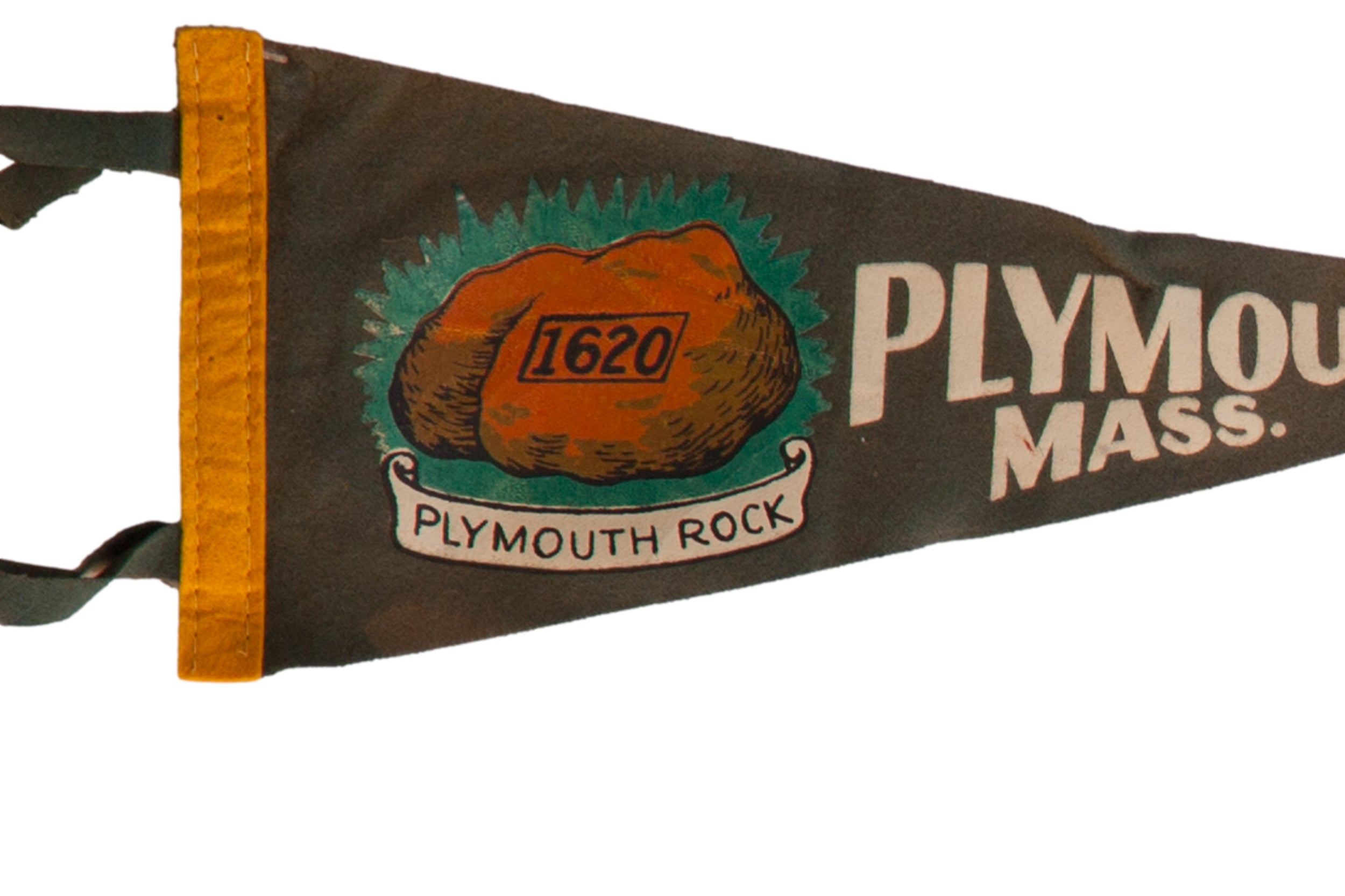 Detailed graphic of Plymouth Rock with 1620 date on a vintage dark green felt pennant.