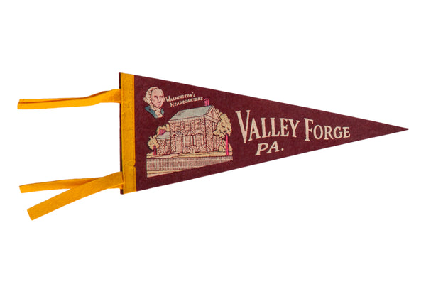Vintage Valley Forge felt pennant in maroon with yellow tassels and Washington's Headquarters graphic.