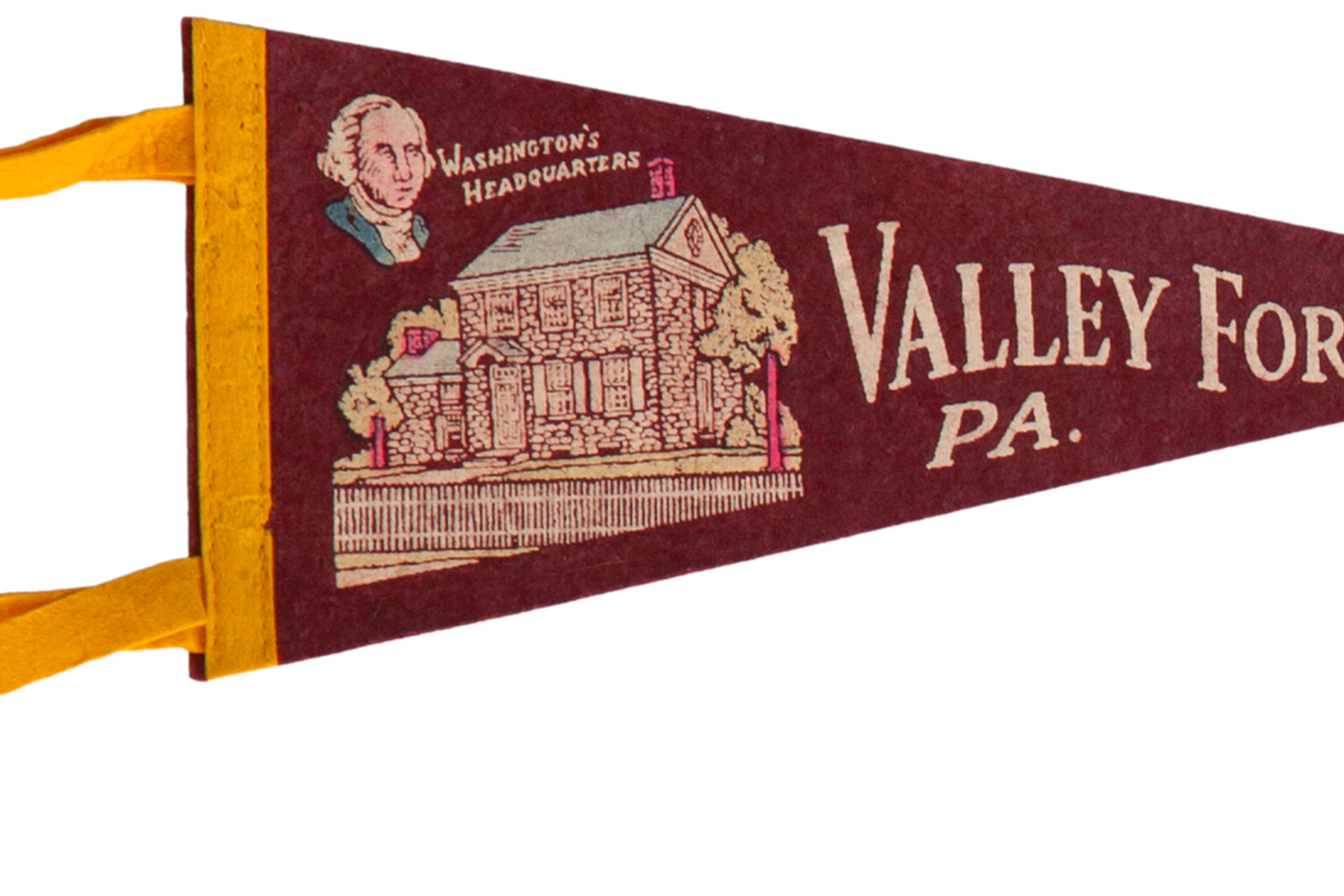 Detail of the Washington's Headquarters graphic on the vintage maroon felt pennant.