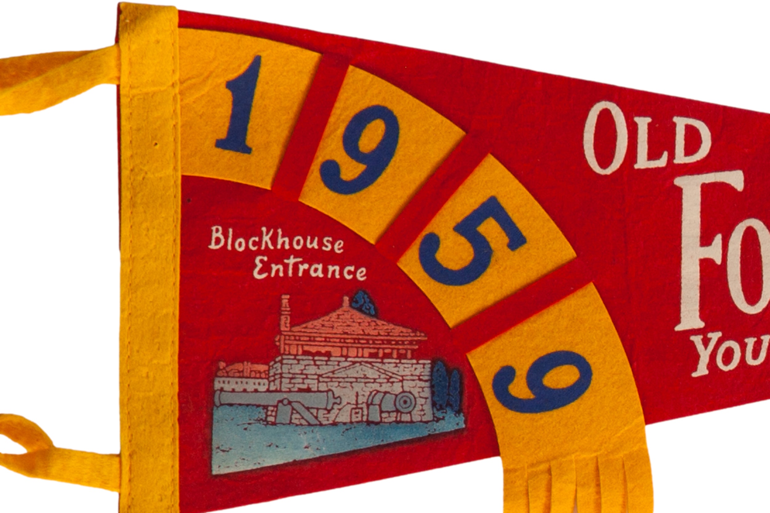 Mid-century graphic of the Blockhouse Entrance and 1959 date on a felt souvenir pennant.
