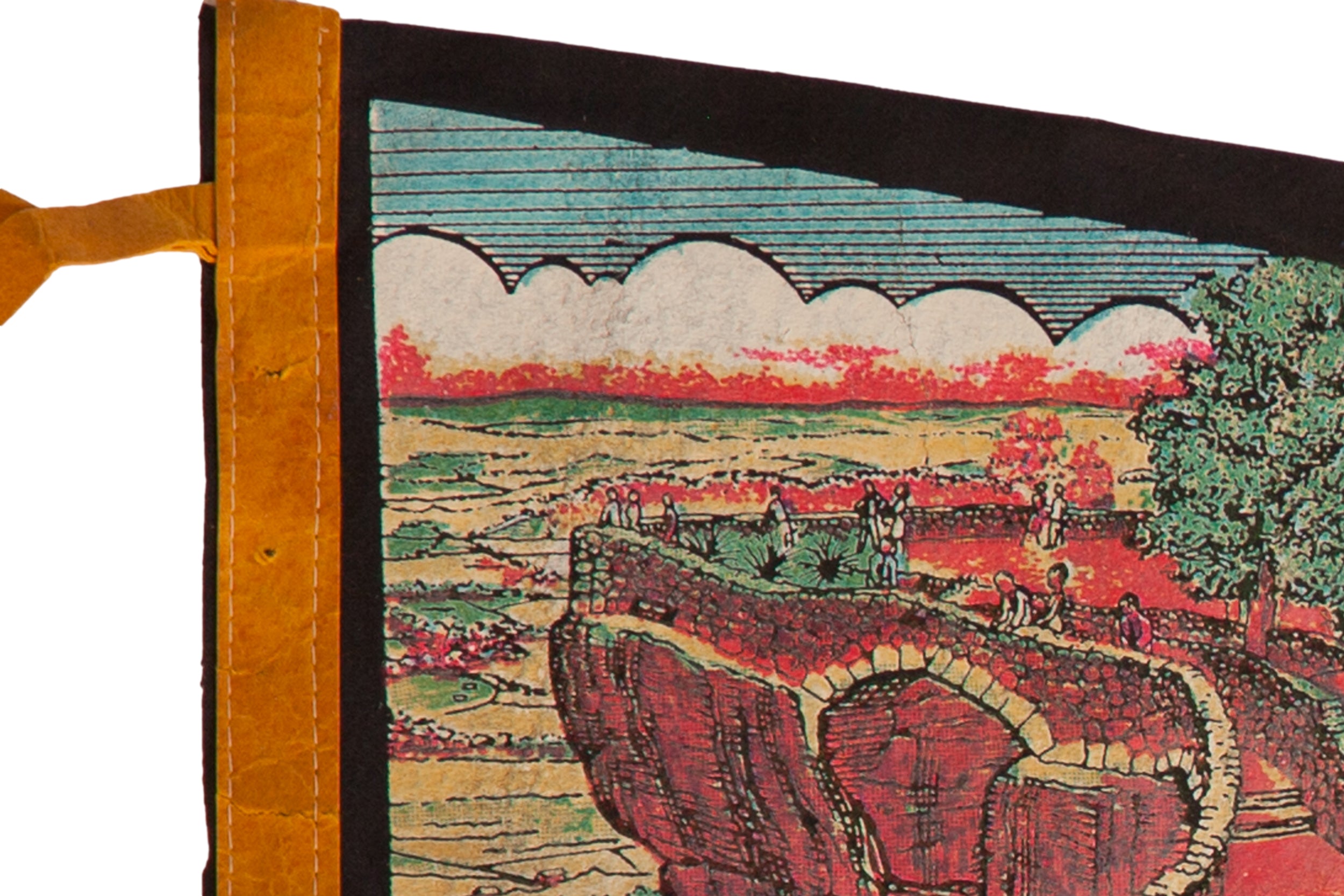 Detail of the vintage Lookout Mountain pennant's scenic print and yellow stitched hoist.