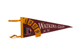 Vintage 1959 Watkins Glen felt pennant in maroon with yellow accents and a Native American illustration.