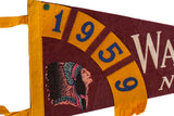 Detail of the vintage pennant's 1959 date and colorful Native American headdress graphic.