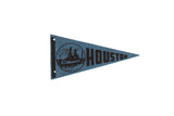 Vintage Houston Texas felt souvenir pennant in dusty blue featuring a battleship graphic.