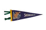 Vintage Sherbrooke, Quebec felt pennant in dark blue with a moose graphic and yellow trim.