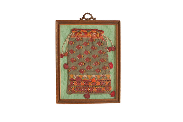 Antique framed chain stitch silk linen pouch, stylized rust, saffron, coral motifs, 14.5x10.25.