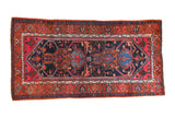 Vintage Kurdish Hamadan rug, navy blue field, central floral geometric panels, turtle border.