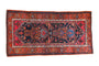 Vintage Kurdish Hamadan rug, navy blue field, central floral geometric panels, turtle border.