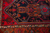 Kurdish Hamadan rug's geometric turtle samovar border with ivory, rust, and sky blue.