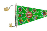Colorful local scenes and central harp emblem on a vintage green felt Donegal souvenir pennant.