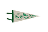 Vintage Bay of Naples Family Camping felt pennant in ivory with forest green graphics.
