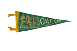 Vintage Cape Cod felt pennant in green and golden yellow with a colorful illustrated map.