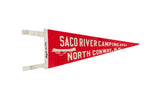 Vintage Saco River Camping Area red felt pennant with white text, a canoe graphic, and white ties.
