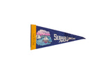 Vintage Sebago Long Lake felt pennant in blue with a sailboat graphic and yellow spine.