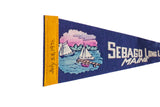Handwritten date 'July 28, 1971' on the yellow heading of a vintage Sebago Lake felt pennant.