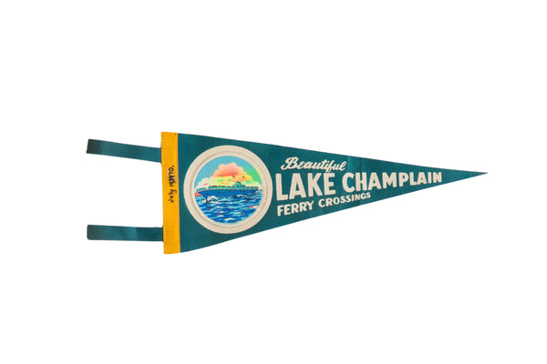 Vintage teal and yellow Lake Champlain felt pennant with white text and a colorful ferry graphic.