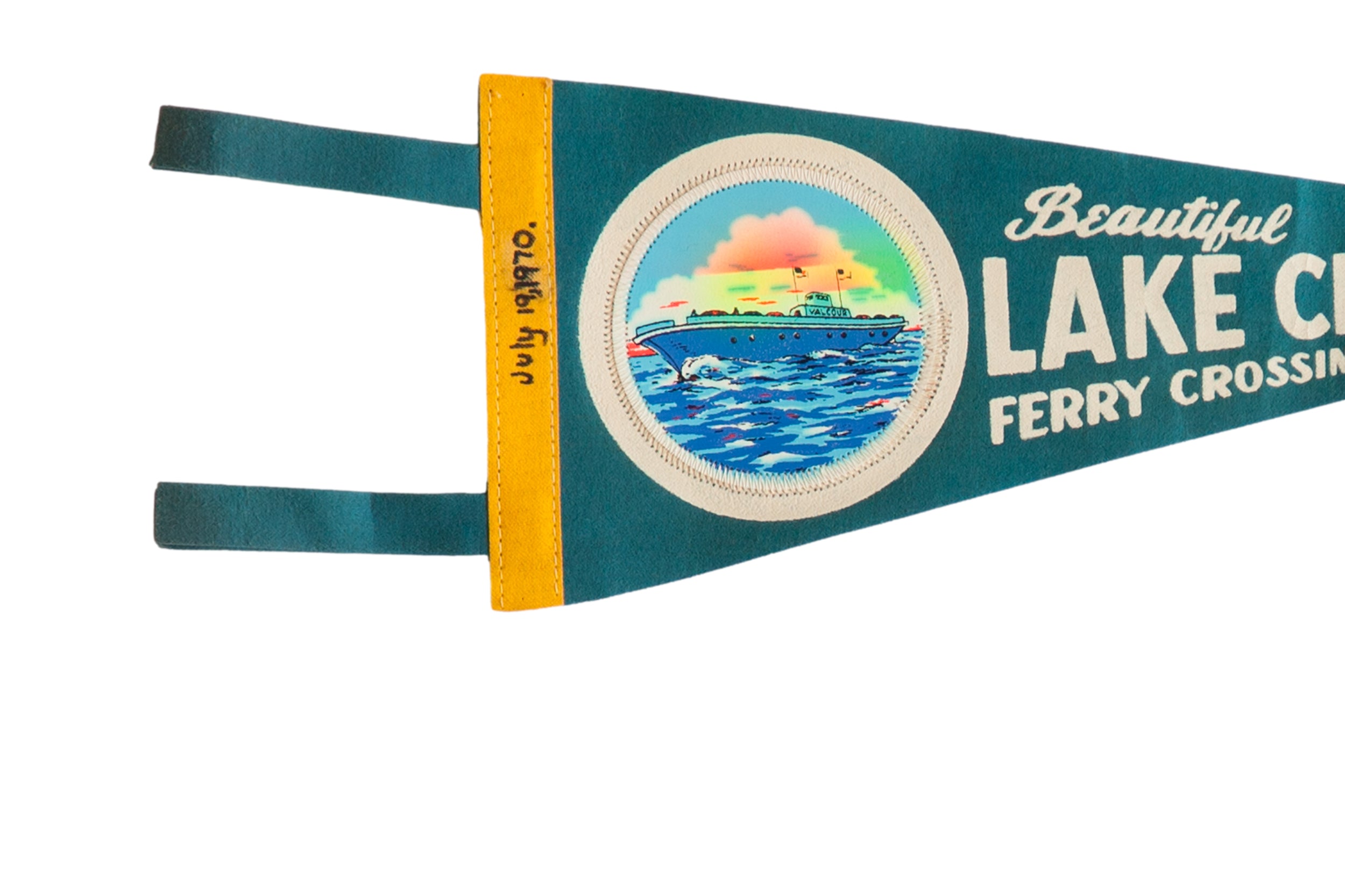 Handwritten date July 19, 1970 in black ink on the golden yellow felt header of the pennant.