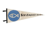 Vintage New England Aquarium felt pennant with a blue fish logo on an ivory white background.