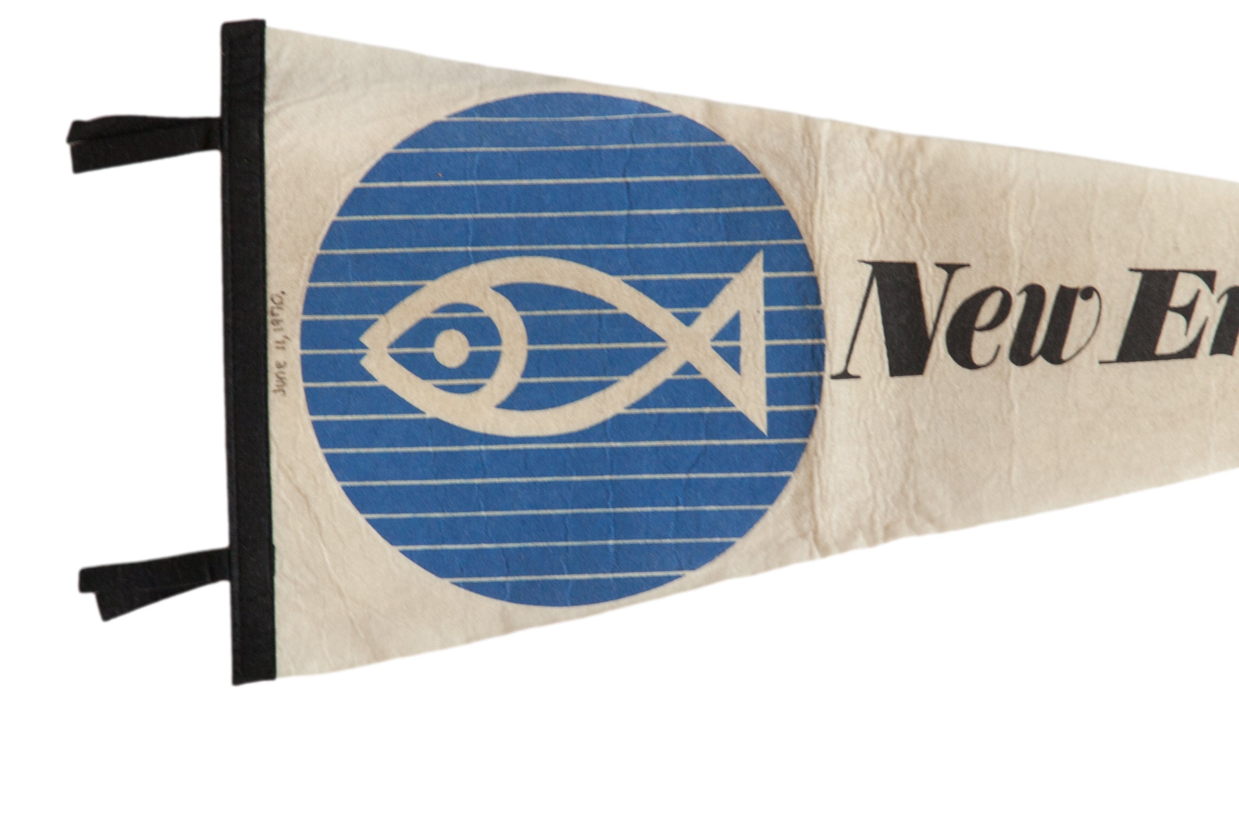 Handwritten date from 1970 in ink on the black header of the vintage felt pennant.