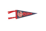 Vintage Expo 67 Montreal Canada felt pennant with red text and a mid-century fairgrounds graphic.
