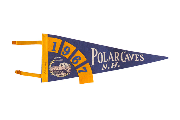 Mid-century souvenir felt pennant for Polar Caves NH in blue and golden-yellow, dated 1967.